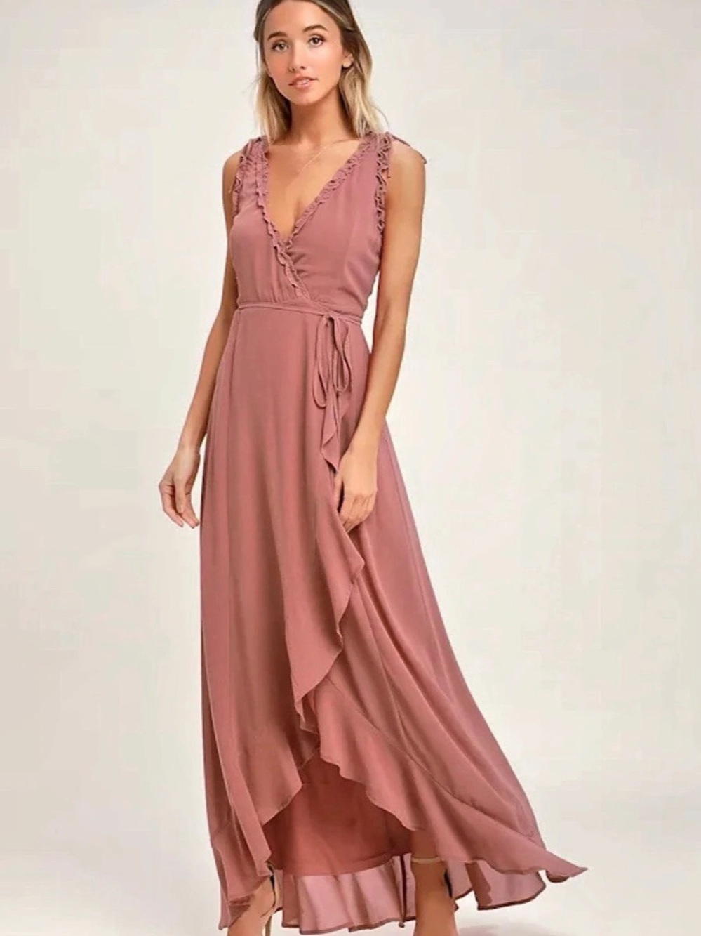 Lulus Juliette Mauve Ruffled High-Low Wrap Dress Mauve Pink XS